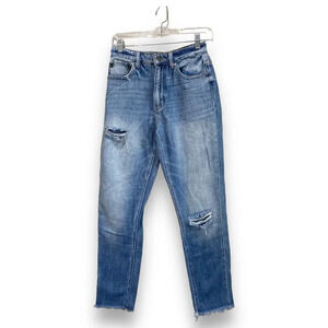 VICI Straight Leg Jeans Light Wash Distressed Raw Hem High Rise Kancan Size 1 24